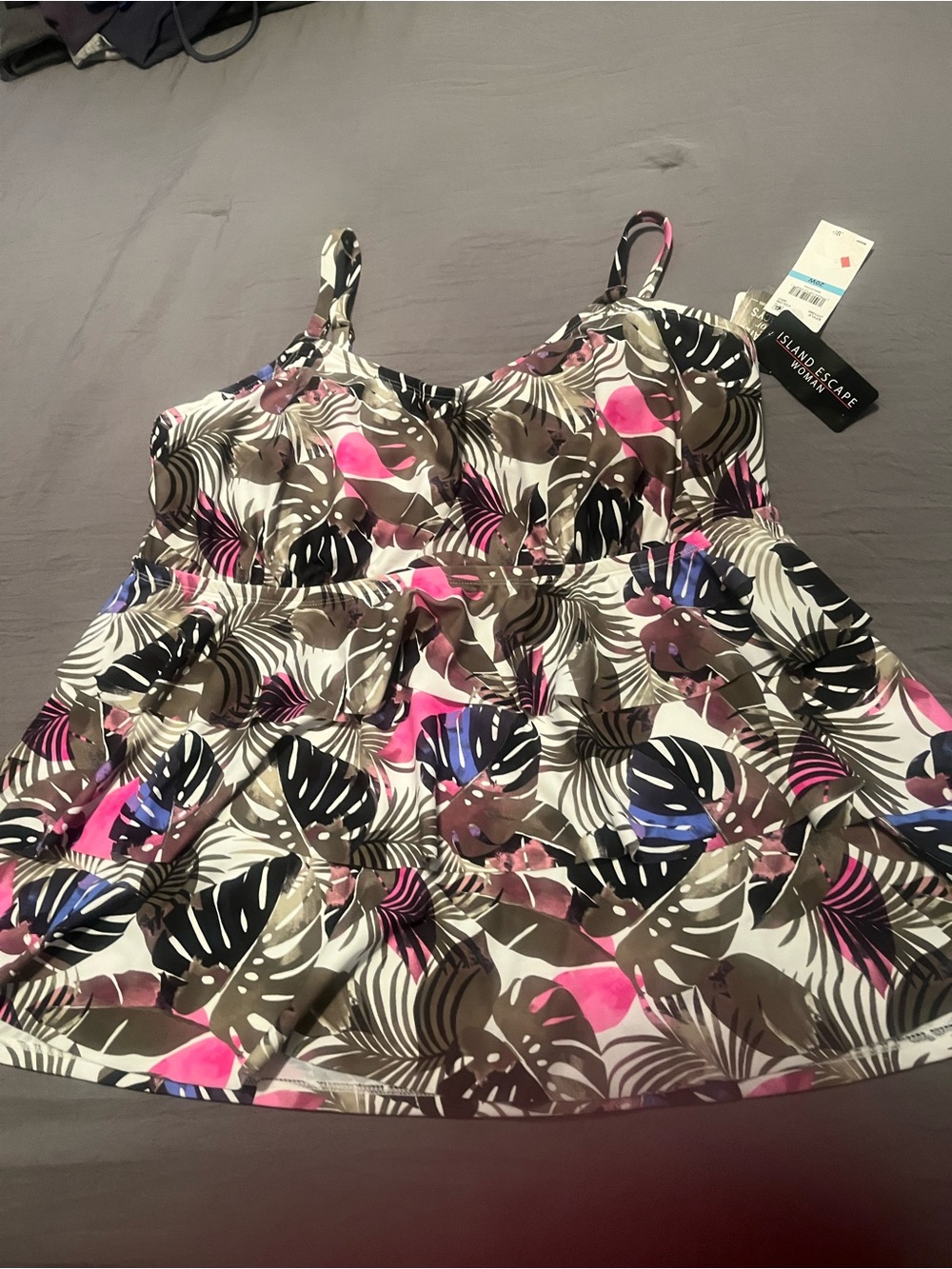 Island Escape Tropical Print Ruffle Camisole in Pink, Brown & White
